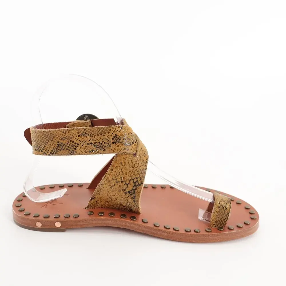 Beek Sz 5 Hawk Leather Snake Print Crossed Ankle Strap Toe Loop Sandal